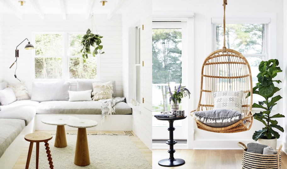 two well lit living room with sectional and hanging rattan chair