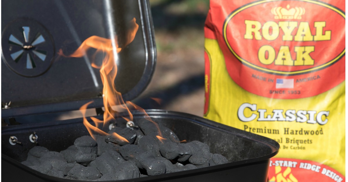 royal oak briquettes on a grill fire