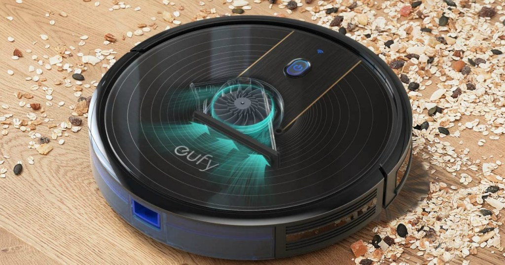 eufy BoostIQ RoboVac 11S (Slim), Robot Vacuum on the floor cleaning spilt oatmeal