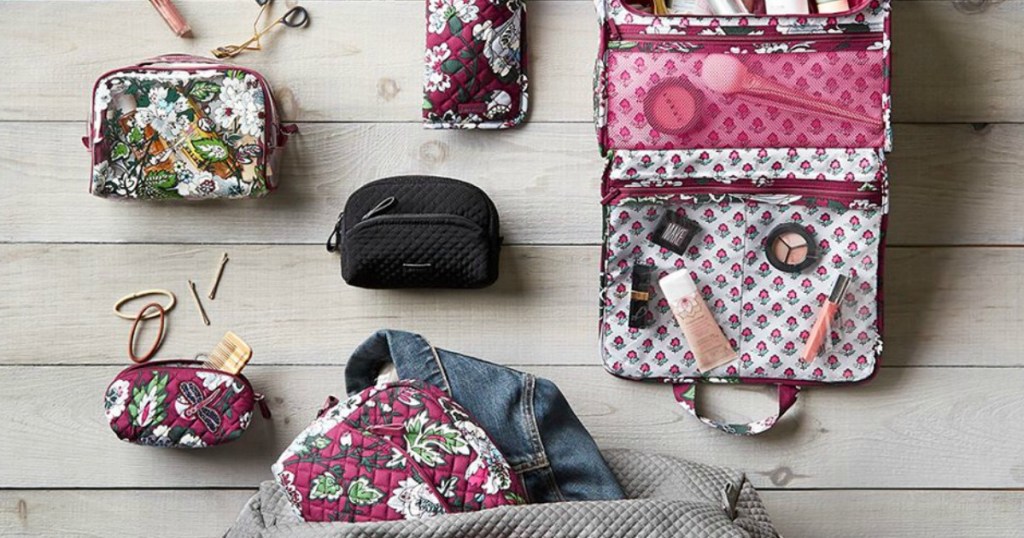 vera bradley cosmetic bags on hardwood floor