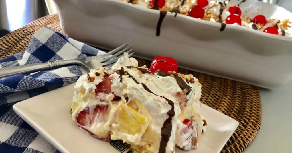 banana split no-bake dessert slice on plate 