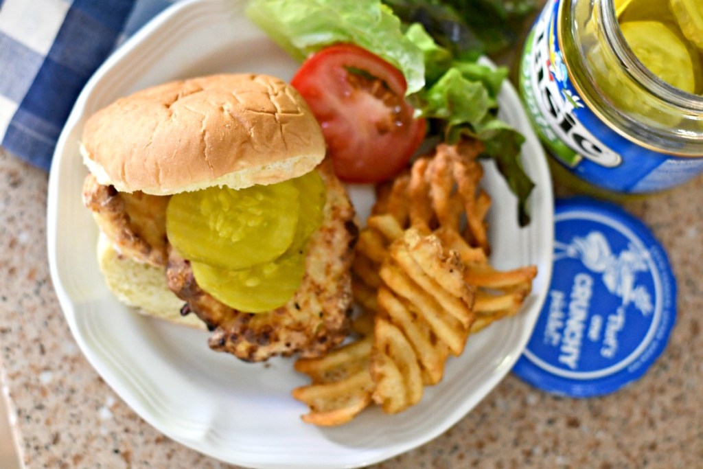 plated copycat air fryer chick-fil-a sandwich with pickles