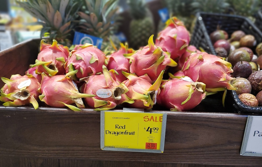 dragonfruit stacked on store shelf