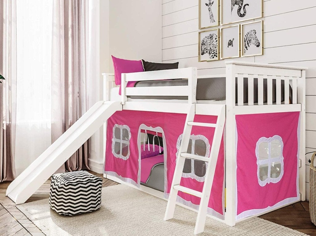 pink bunk bed with slide