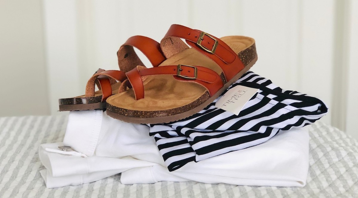 Walmart fashion items brown sandals on striped dress and white jacket