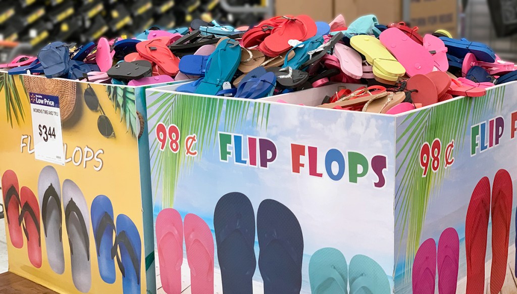 cheap flip flops — large bin of 98¢ flip flops at walmart