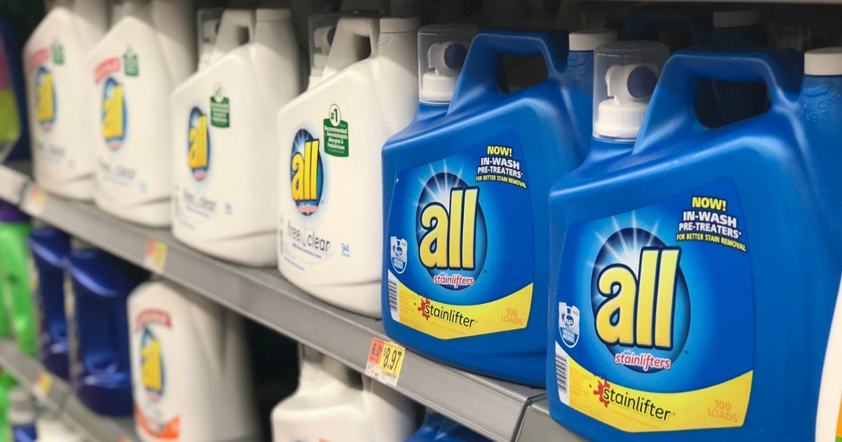 bottles of all liquid detergent sitting on a Walmart store shelf