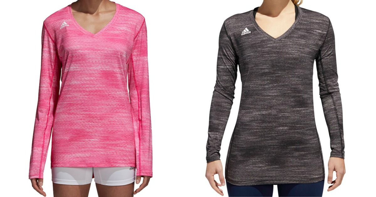 adidas womens volleyball jerseys in pink and black on female models