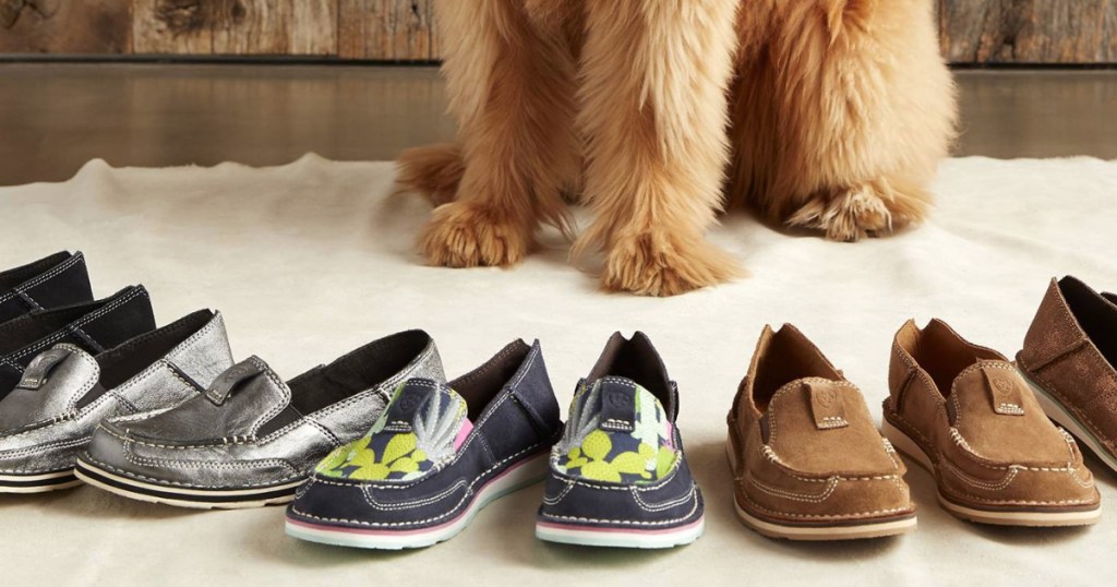 Dog sitting next to Ariat Loafers Slip-On Sneakers