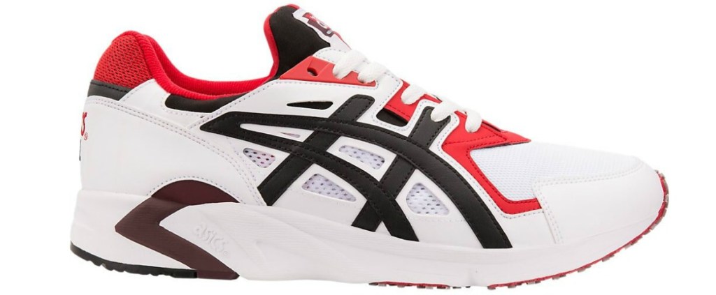 white, black, red, and maroon asics shoes