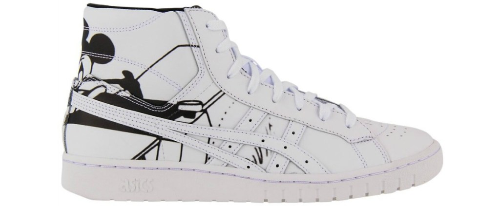 hi-top white asics with Disney character on back of shoe