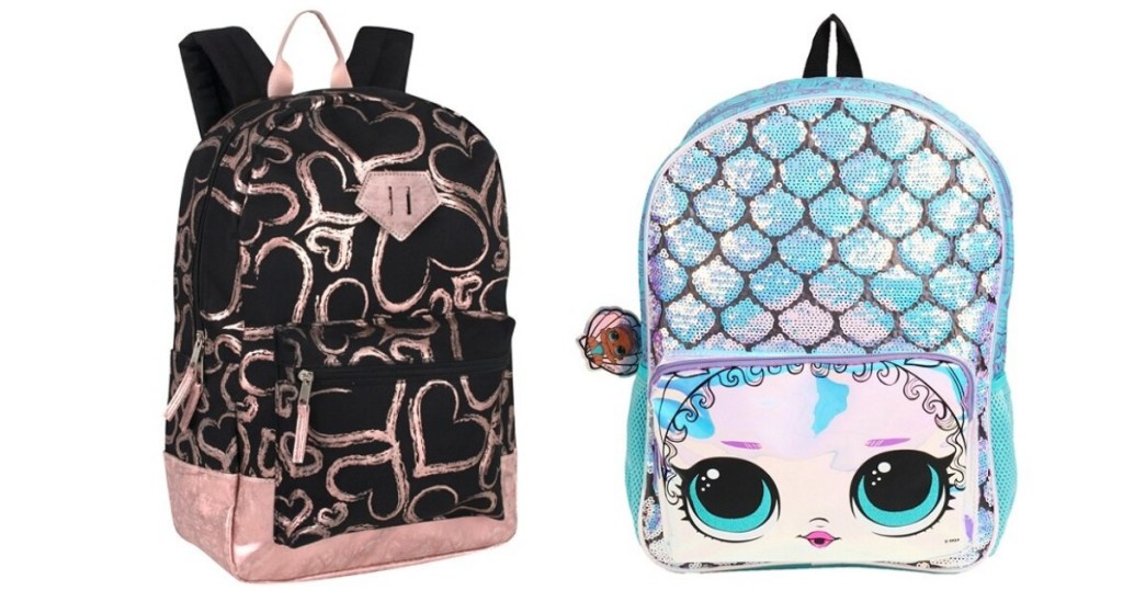 black backpack with hearts on it and a LOL Surprise backpack