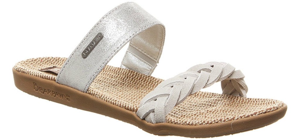 bearpaw Women's sandal with linen sole, silver strap and braided front strap