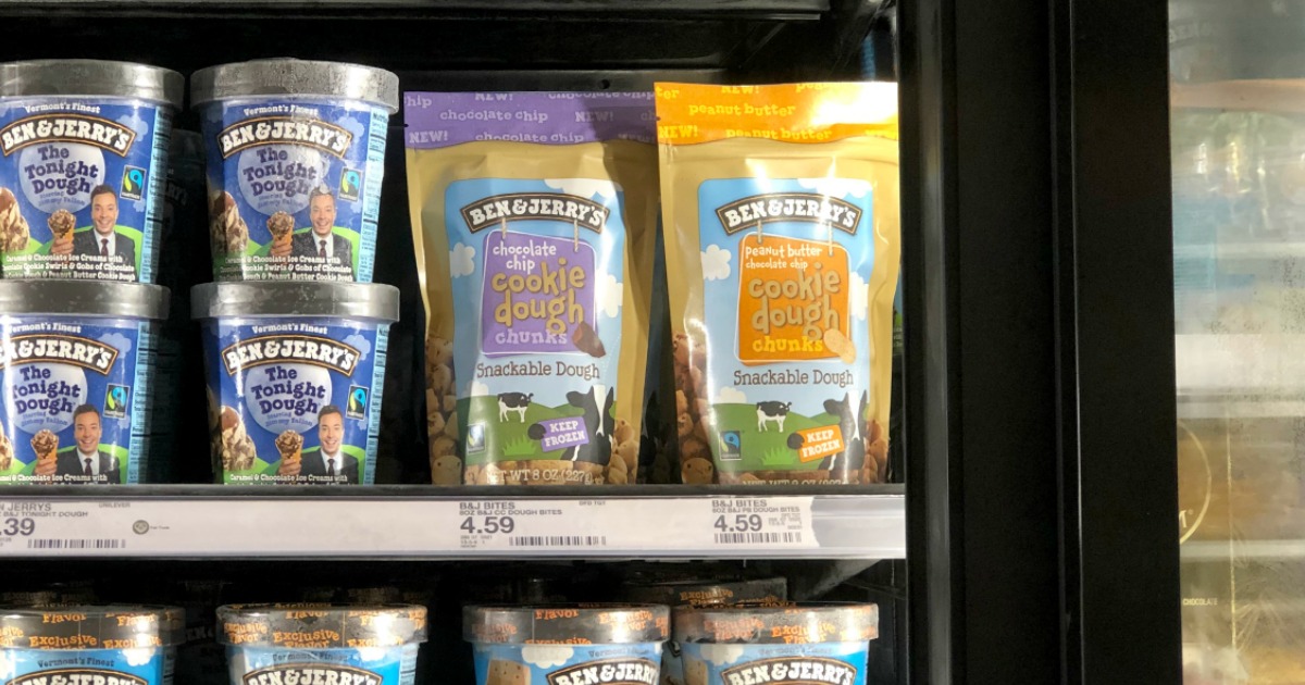 Ben & Jerry's Cookie Dough Chunks Snackable Dough packs in freezer