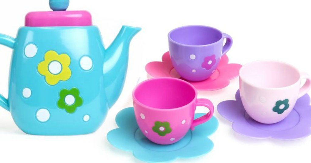 blue tea kettle with brightly colored cups