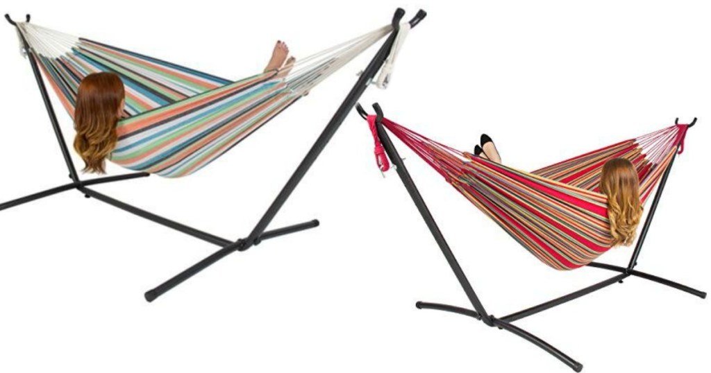 two striped hammocks with a girl lounging in each