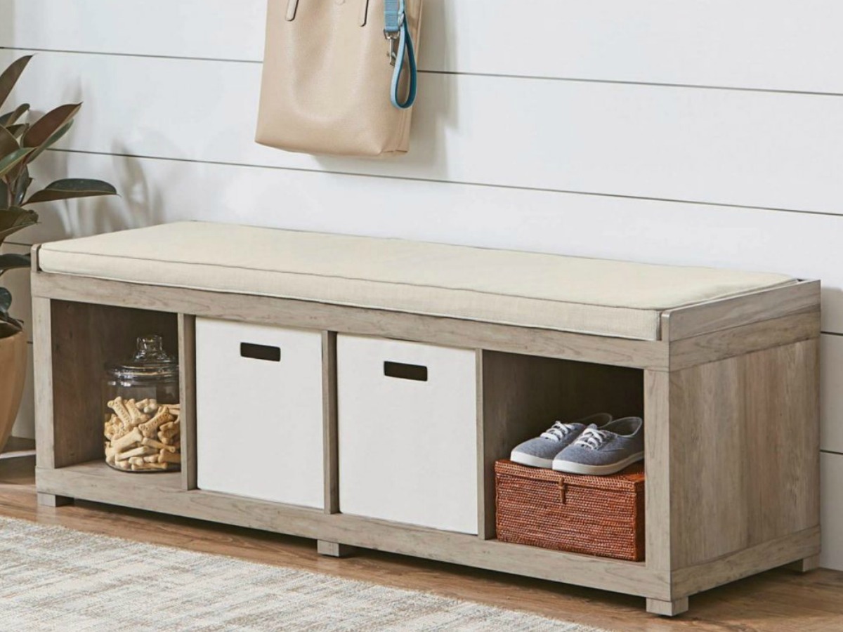 white storage bench with cushion in living room