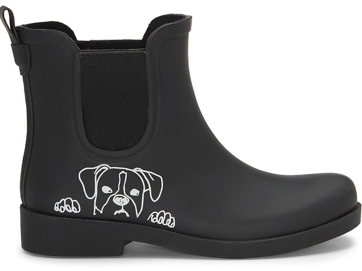 black rubber boots with white outline of dog