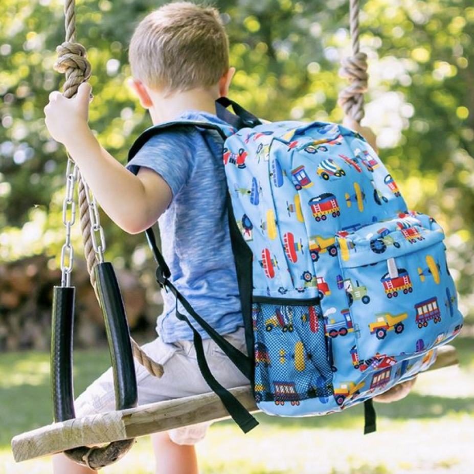 Boys on swing with Wildkins Blue Trains, Planes & Trucks Crackerjack Backpack 