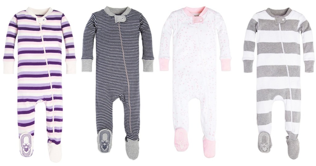 four Burt's Bees footed pajama sets