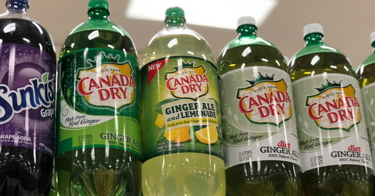 canada dry 2L bottles in a row on a shelf