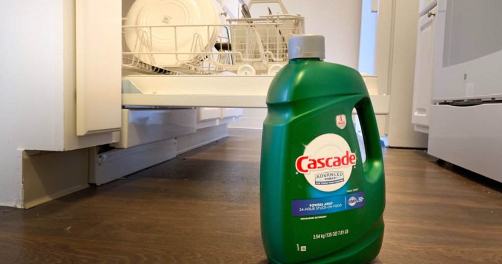 Cascade Dishwasher Detergent in front of open dishwasher