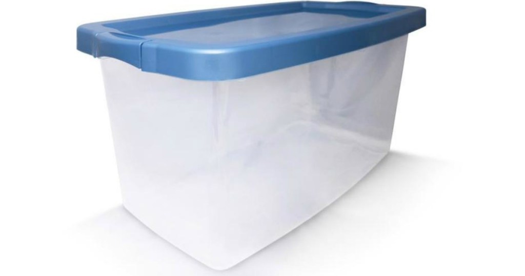 clear storage tote with blue lid