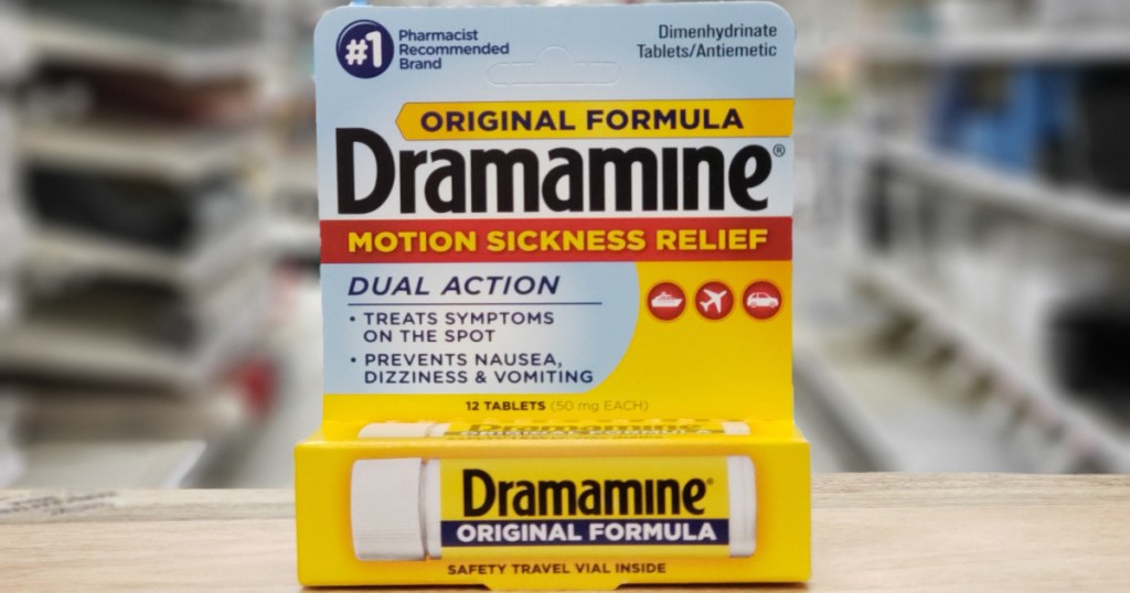 original dramamine box on wood shelf atTarget