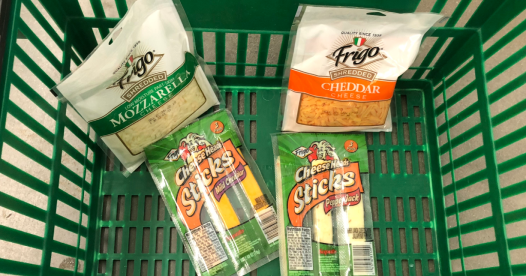 Frigo Cheese products in a Dollar Tree basket