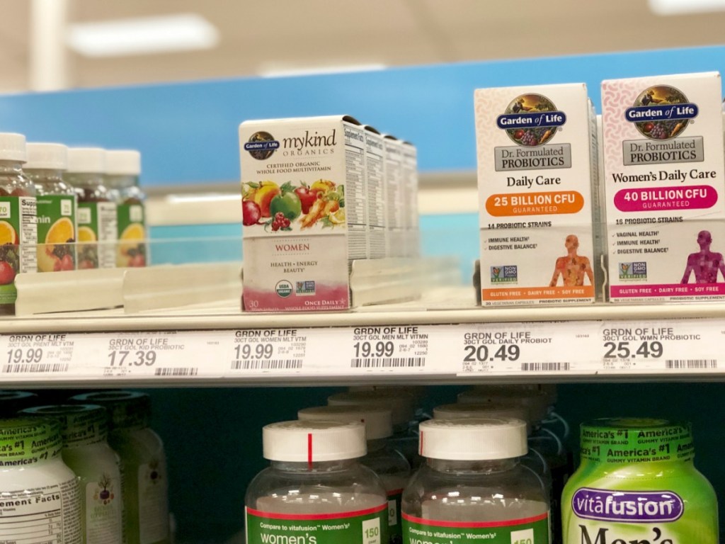 mykind organics vitamins on store shelf