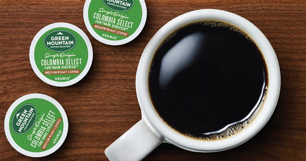 aerial view of green mountain k-cups next to a mug