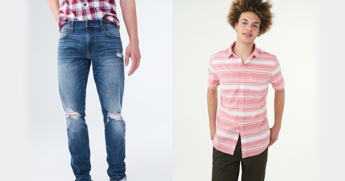 man wearing distressed jeans and man wearing striped shirt