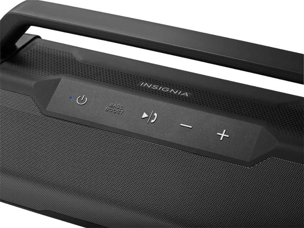 Insignia Waterproof Portable Bluetooth Speaker buttons and handle