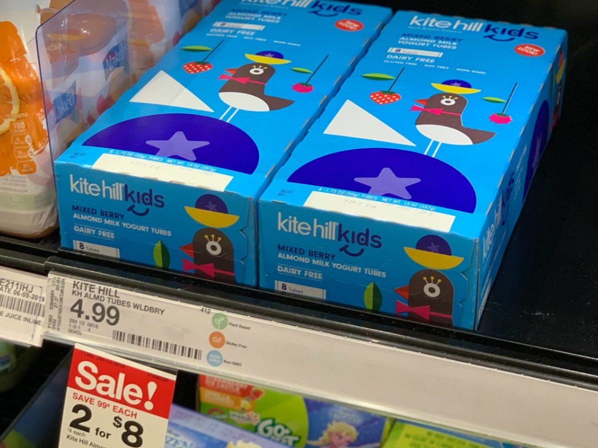 Kite Hill yogurt tubes on refrigerated shelf