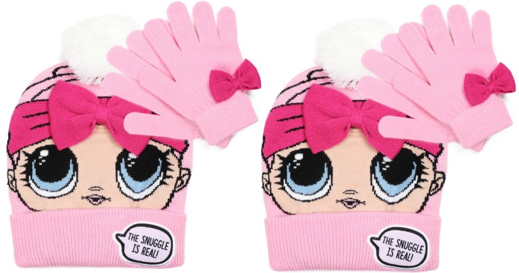 pink girls hat & glove set printed with an LOL Surprise doll