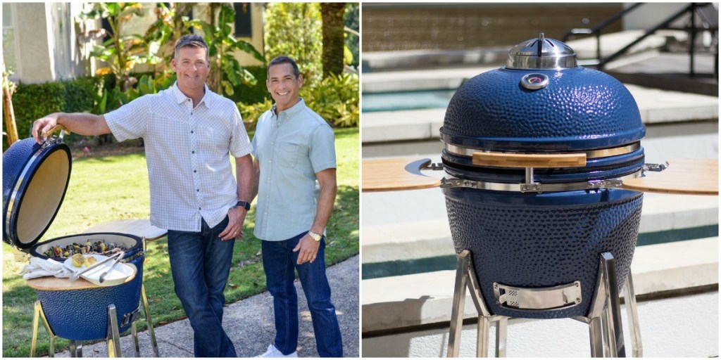 Jamie and Bobbie Dean standing next to blue Kamado charcoal grill full of kebabs and blue Kamado grill with closed lid