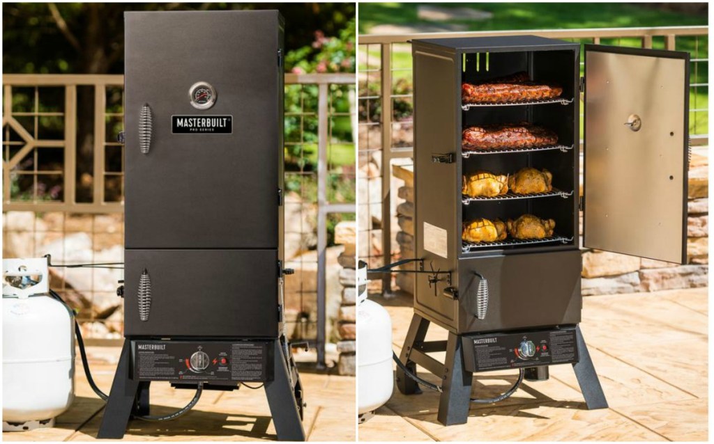 Black Masterbuilt Pro Smoker with propane tank and racks of meat