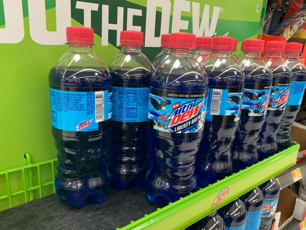 Mountain Dew Liberty Dew Bottles on display shelf