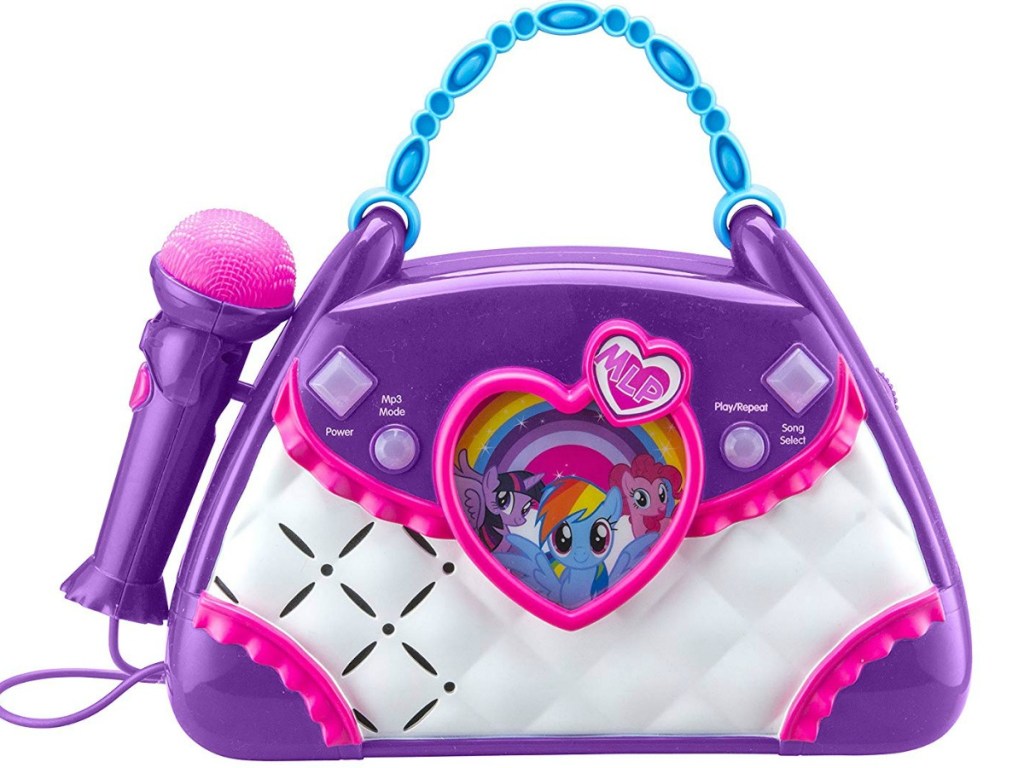 purple boombox shaped like a purse with a microphone