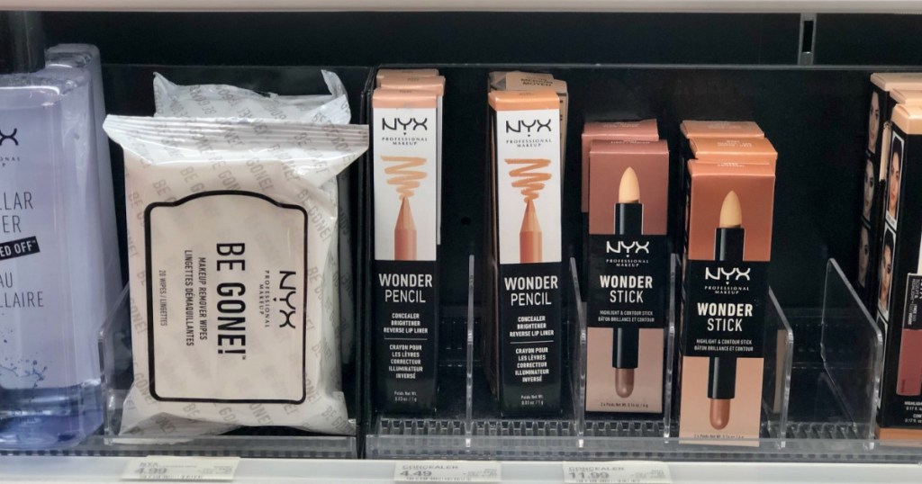 NYX Professional Wonder Pencil next to NYX Wonder Stick and NYX Be GONE! wipes on shelf