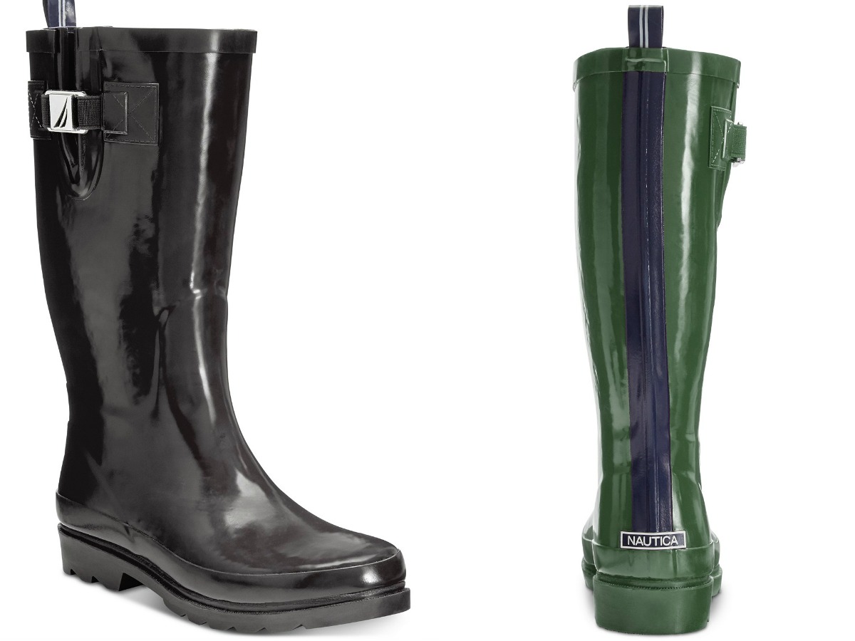 black nautica boot and back of green and blue nautica boot