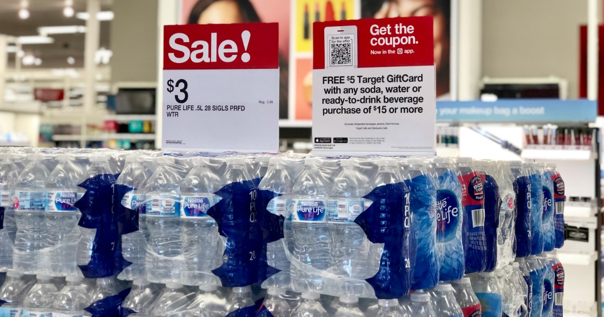 stacks of Nestle Pure Life water 28-packs at Target with sale sign on top