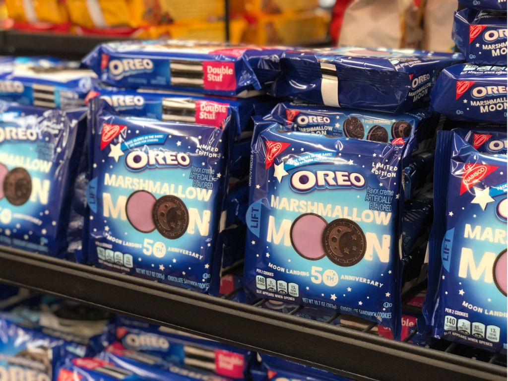 Shelf in Walmart of Oreo Marshmallow moon packages