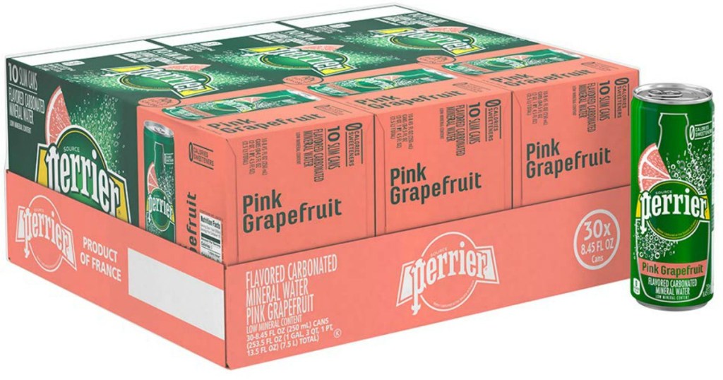 a box of Perrier Pink Grapefruit Flavored Mineral Water 30ct Slim Cans