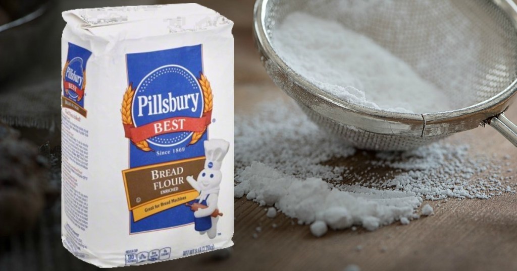 Bag of Pillsbury bread flour overlaid on a counter with flour sifter