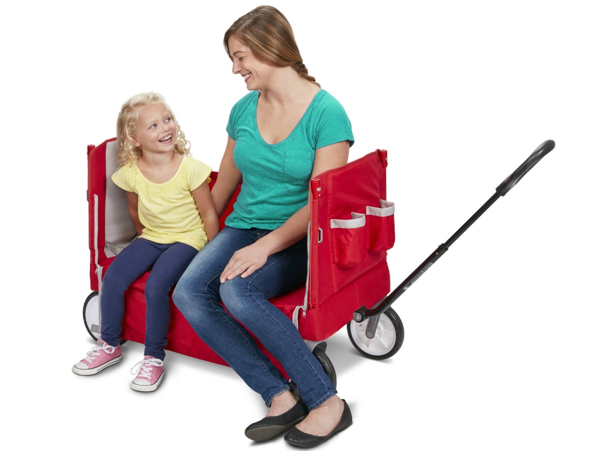 Radio Flyer Wagon, converted to a bench, with Mother and Daughter sitting on it.