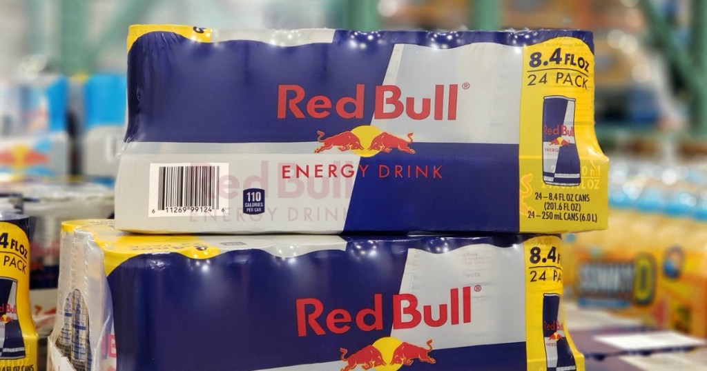 2 red bull 12 packs on store shelf