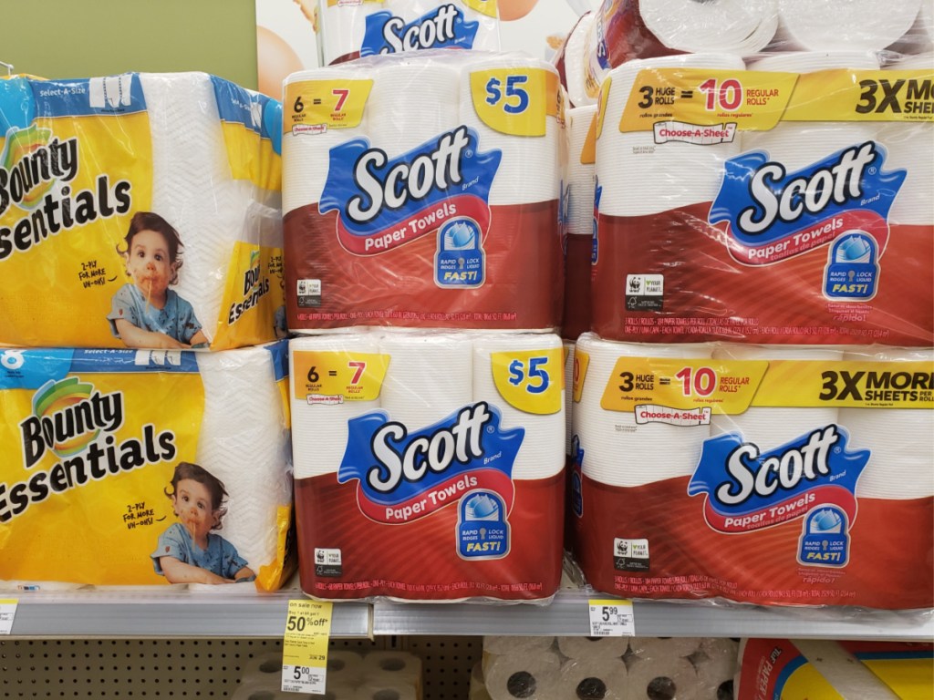 shelf of scott and bounty paper towels in walgreens