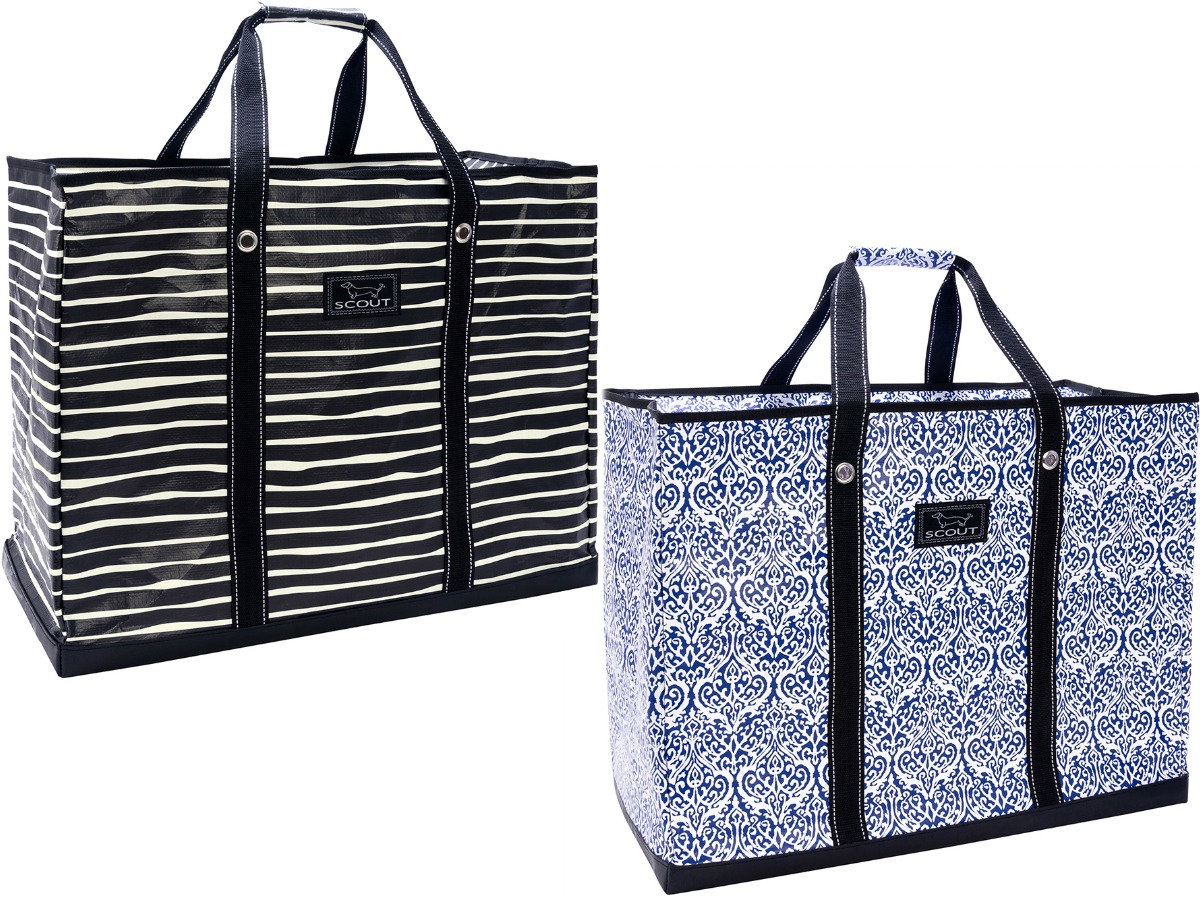 black and white striped and blue patterned tote