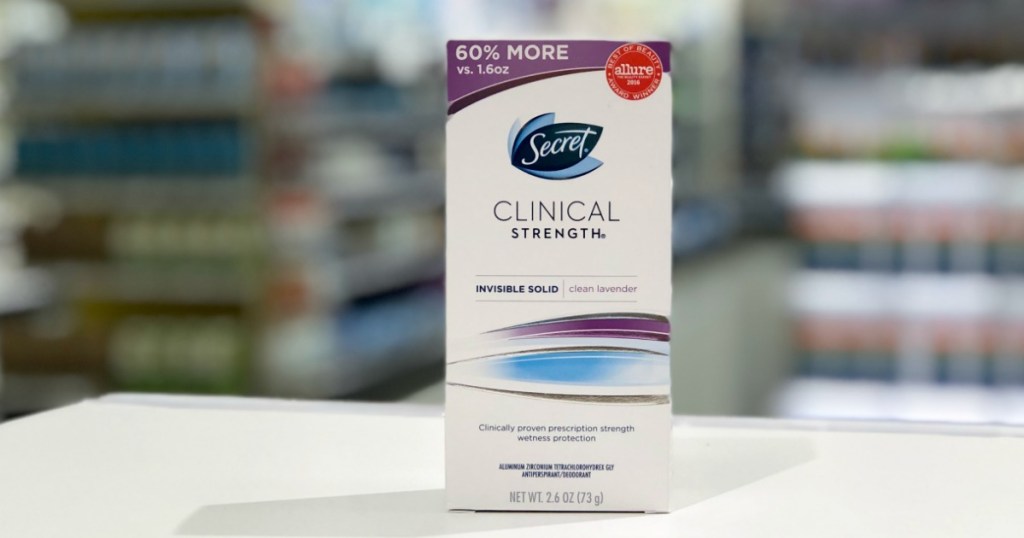 Secret clinical strength antiperspirant sitting on a shelf